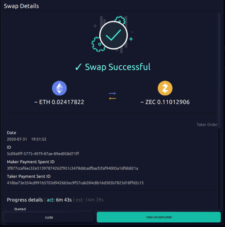 Successful atomic swap on AtomicDEX