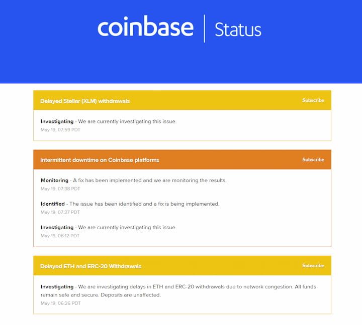 Coinbase exchange downtime issues on May 19, 2021