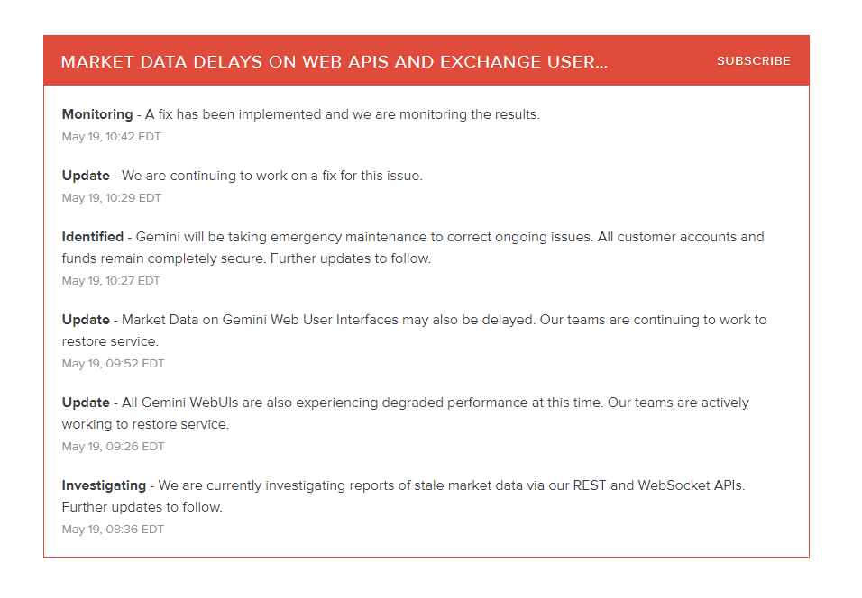 Gemini exchange downtime issues on May 19, 2021