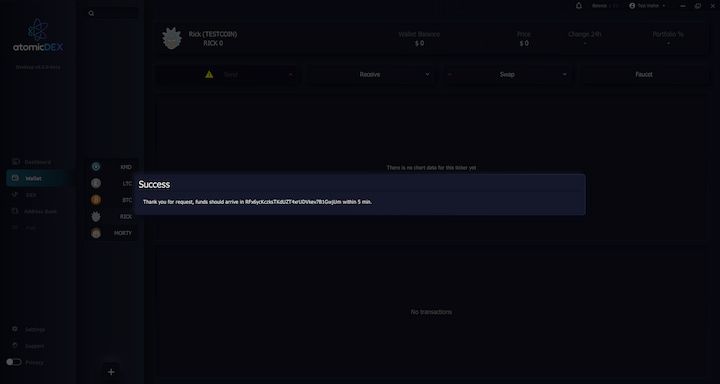 AtomicDEX RICK Faucet Confirmation